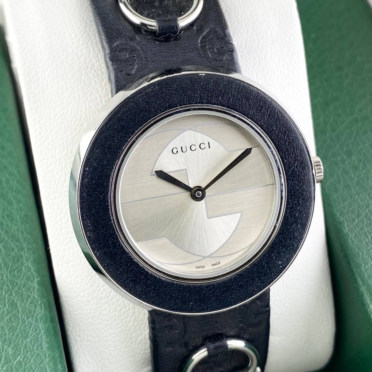 [1 иен с ящиком ]GUCCI Gucci наручные часы мужской 129.4 черный циферблат раунд лицо GG передвижной товар 