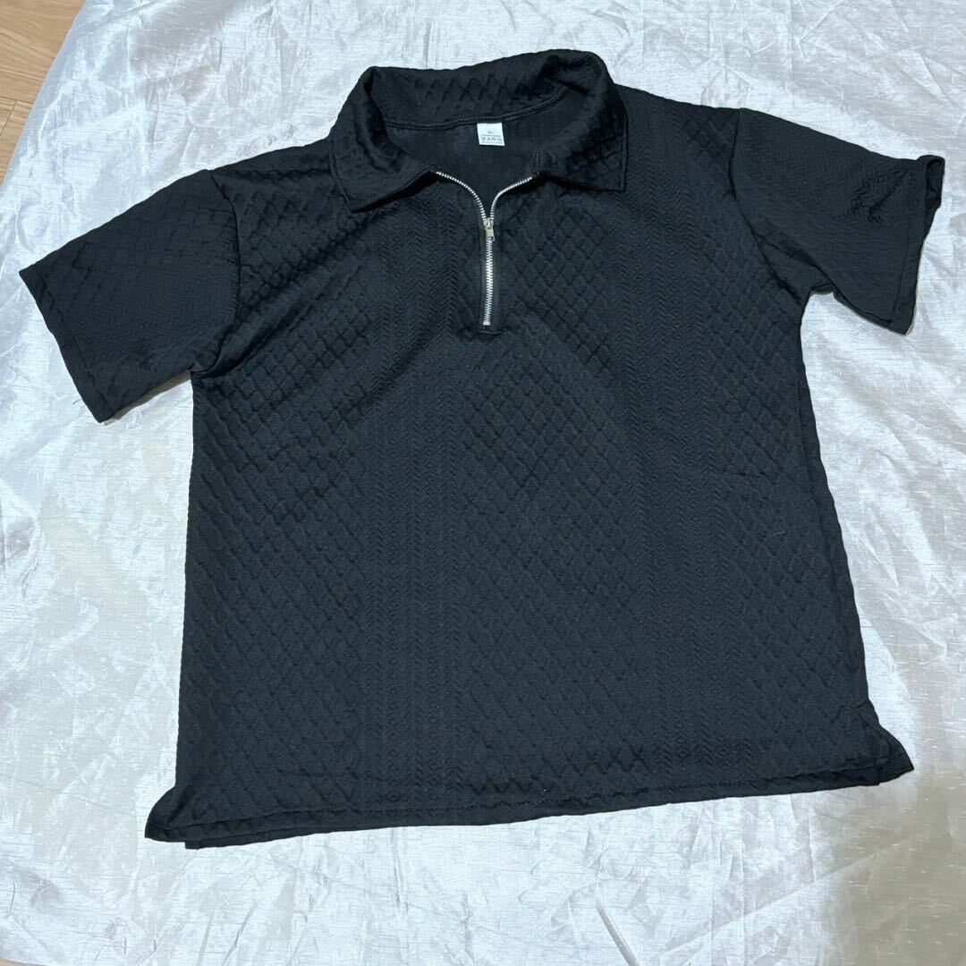 セットアップ　上下セット　ルームウェア　部屋着　夏服 Tシャツ ハーフジップ 5XL 6L 黒　ブラック　編み目　ワッフル　ゆったり