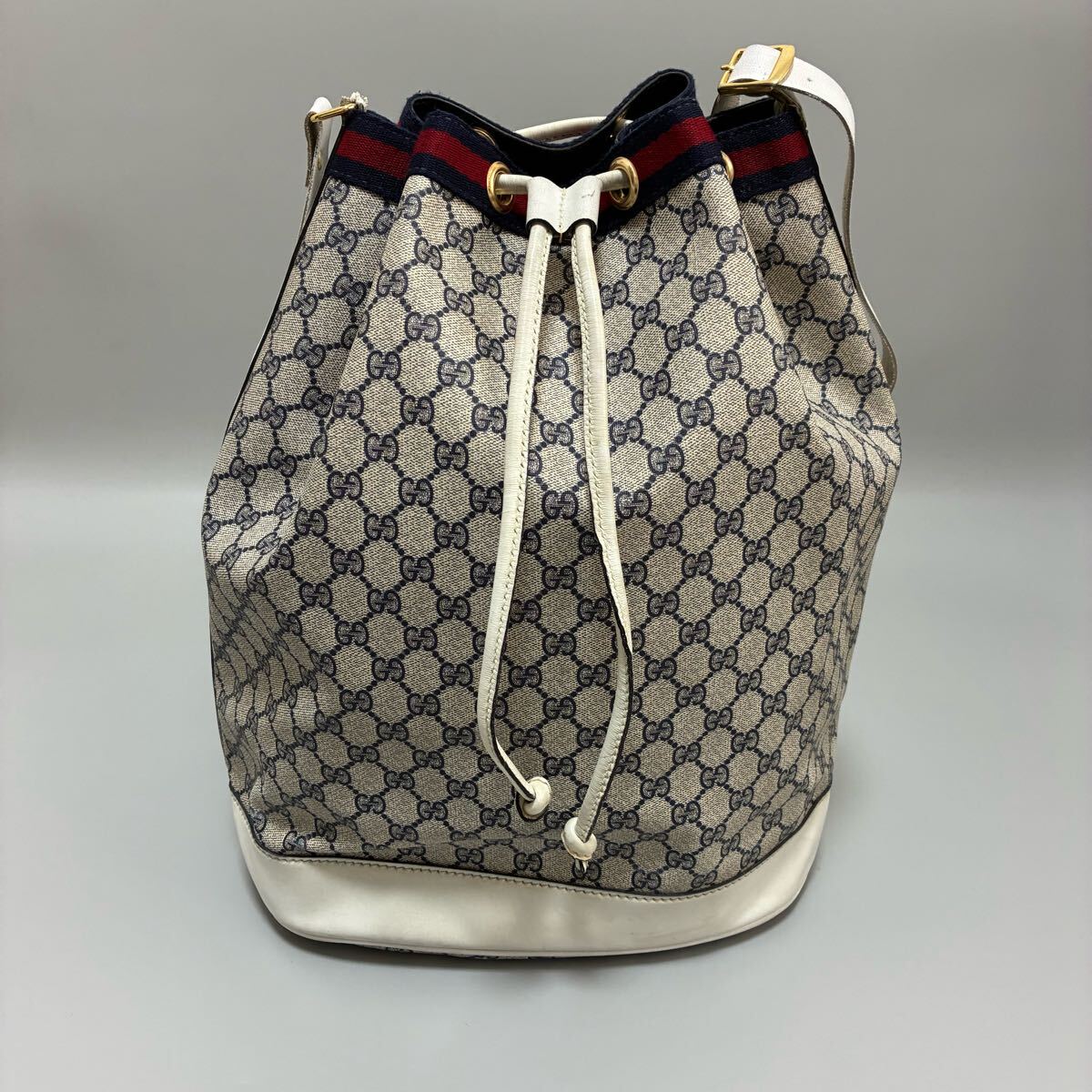 1円 GUCCI グッチ GG柄 ggスプリーム PVC×レザーシェリーライン ショルダーバッグ 大容量ワンショルダーバッグ 巾著 ホワイト 正規(guī)品本物