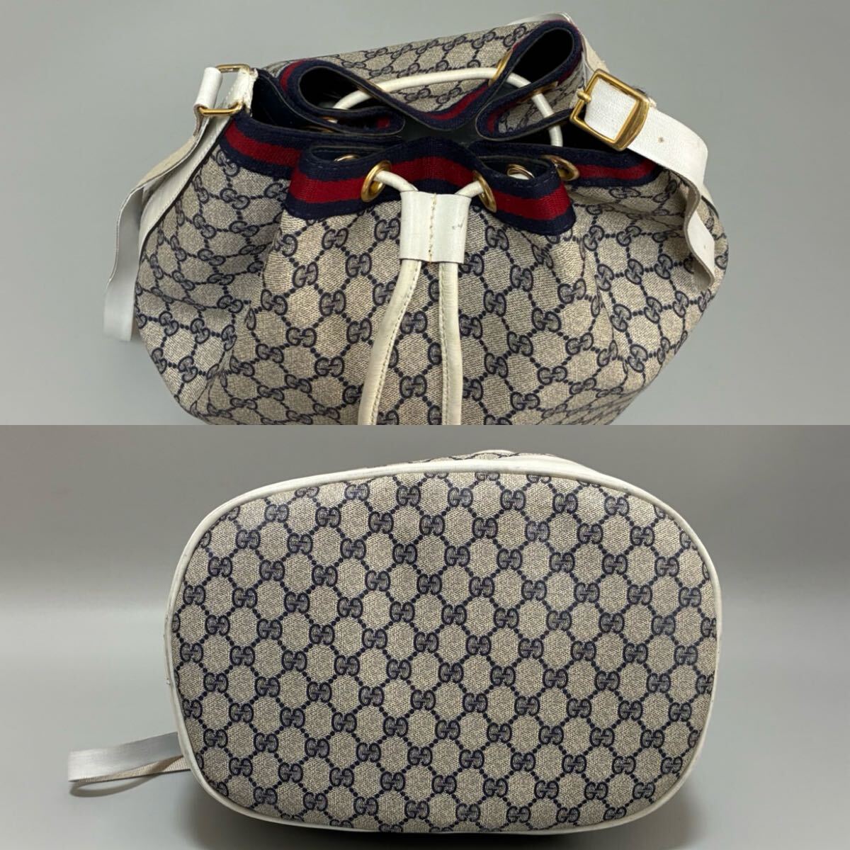1円 GUCCI グッチ GG柄 ggスプリーム PVC×レザーシェリーライン ショルダーバッグ 大容量ワンショルダーバッグ 巾著 ホワイト 正規(guī)品本物