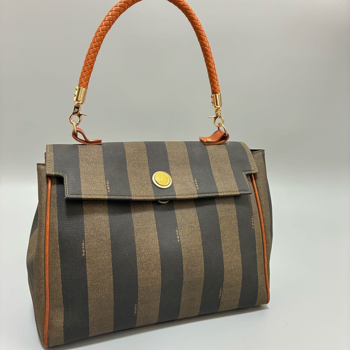 1円 FENDI フェンディ ペカン柄 PVCxレザーハンドバッグ ブラック×カーキ系レディース　金具ゴールド正規(guī)勥本物