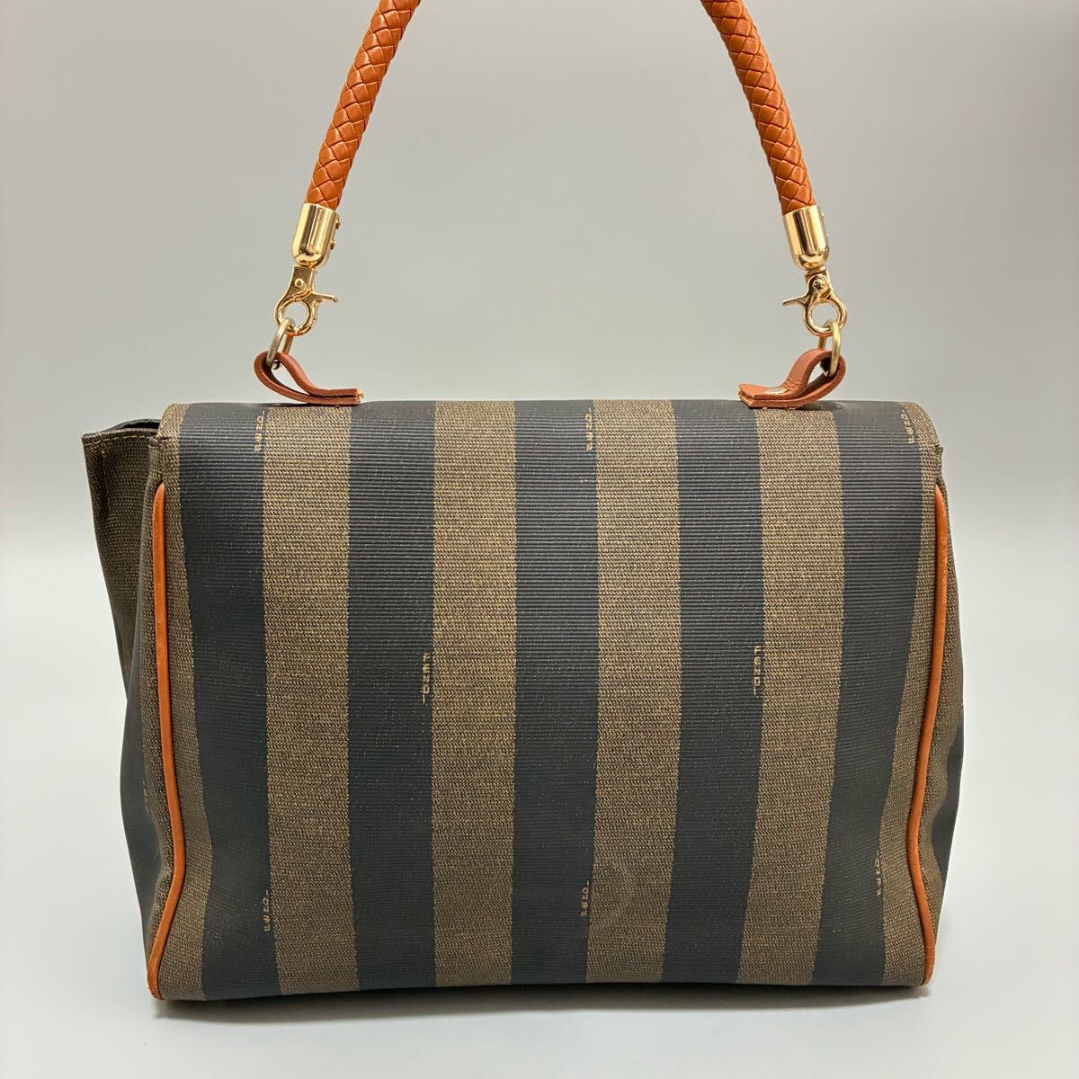 1円 FENDI フェンディ ペカン柄 PVCxレザーハンドバッグ ブラック×カーキ系レディース　金具ゴールド正規(guī)勥本物