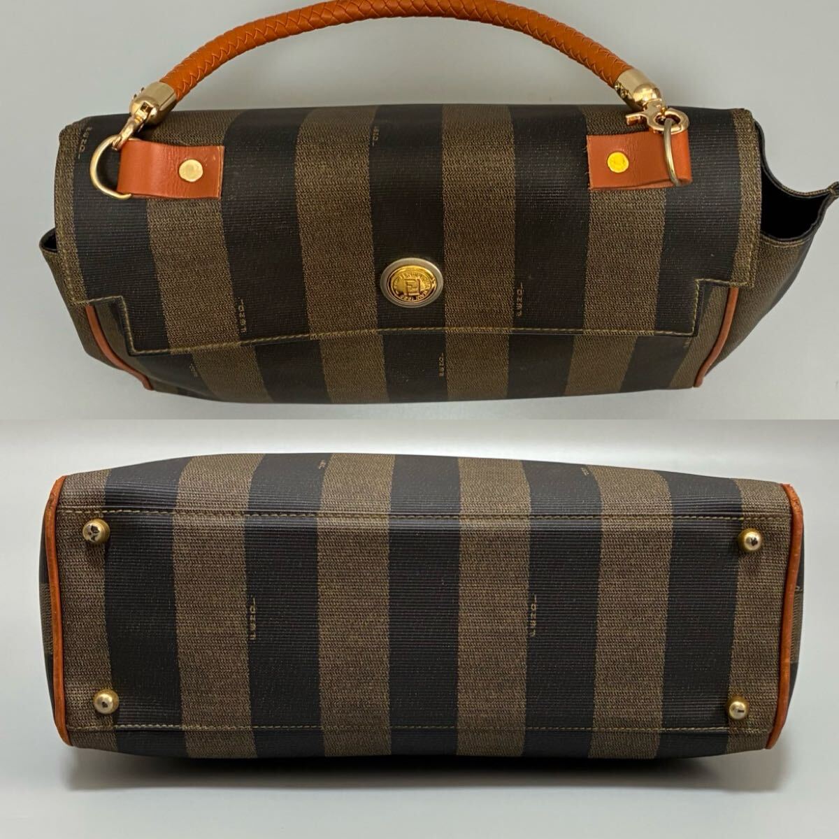 1円 FENDI フェンディ ペカン柄 PVCxレザーハンドバッグ ブラック×カーキ系レディース　金具ゴールド正規(guī)勥本物