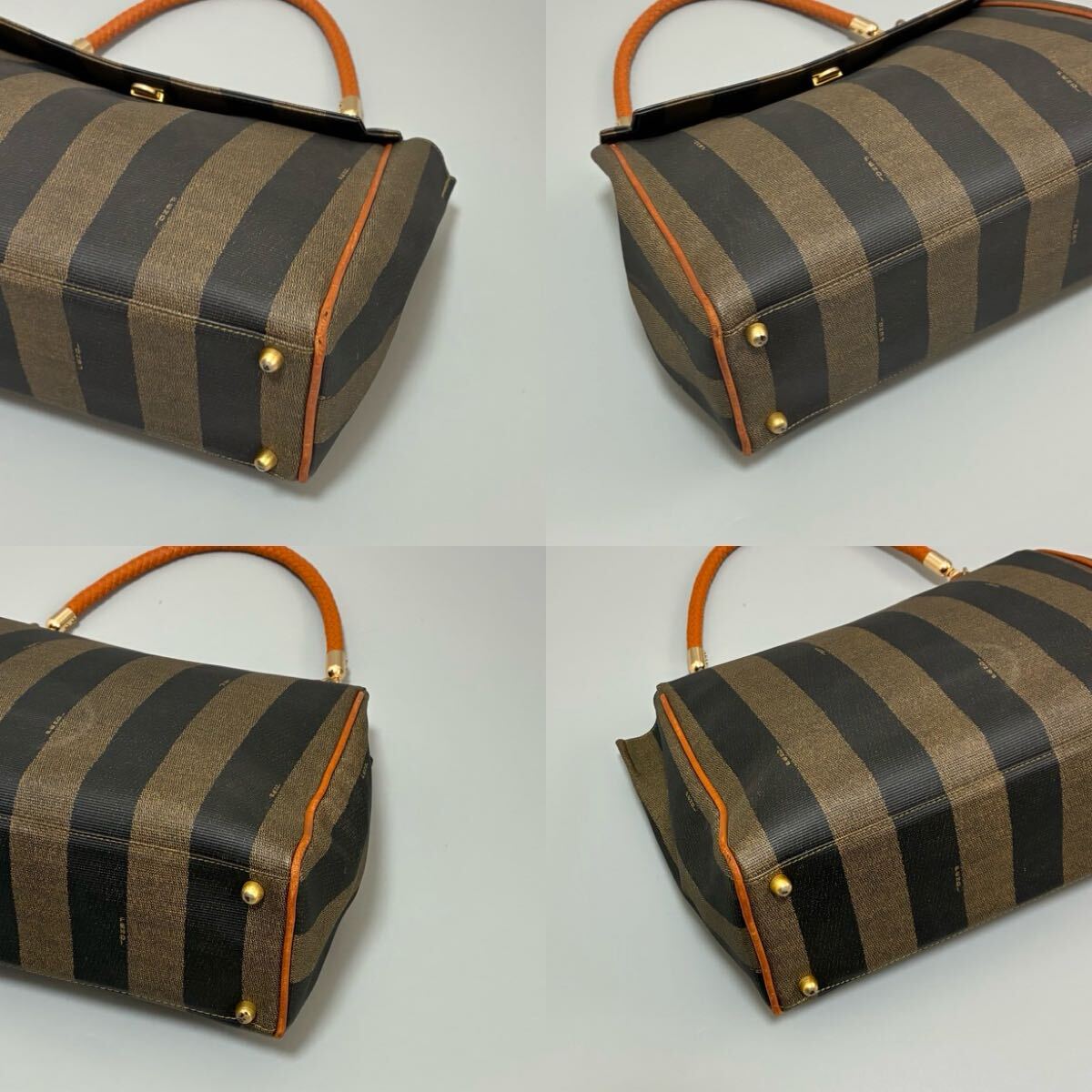 1円 FENDI フェンディ ペカン柄 PVCxレザーハンドバッグ ブラック×カーキ系レディース　金具ゴールド正規(guī)勥本物