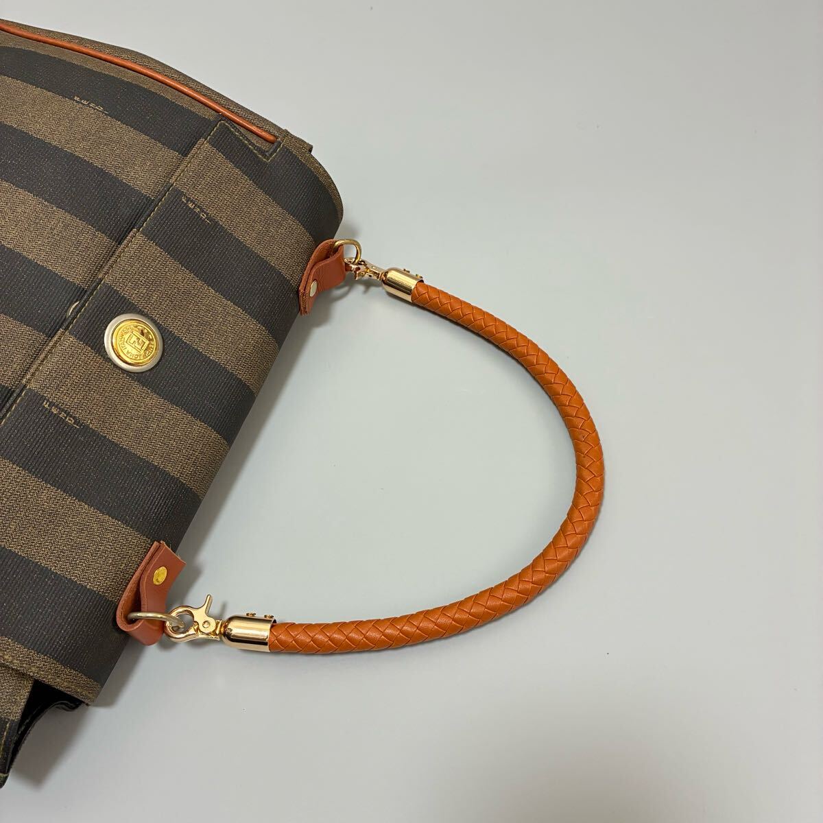 1円 FENDI フェンディ ペカン柄 PVCxレザーハンドバッグ ブラック×カーキ系レディース　金具ゴールド正規(guī)勥本物