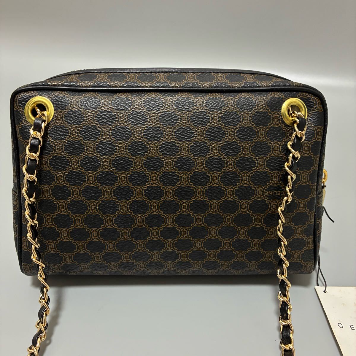 1円 CELINE セリーヌ マカダム柄 PVC×レザー ショルダーバッグ クロスボディ チェーンレディース ブラック系 金具　ゴールド 正規(guī)品本物