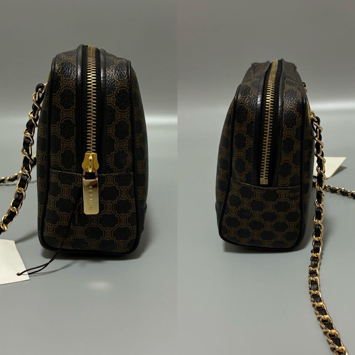 1円 CELINE セリーヌ マカダム柄 PVC×レザー ショルダーバッグ クロスボディ チェーンレディース ブラック系 金具　ゴールド 正規(guī)品本物