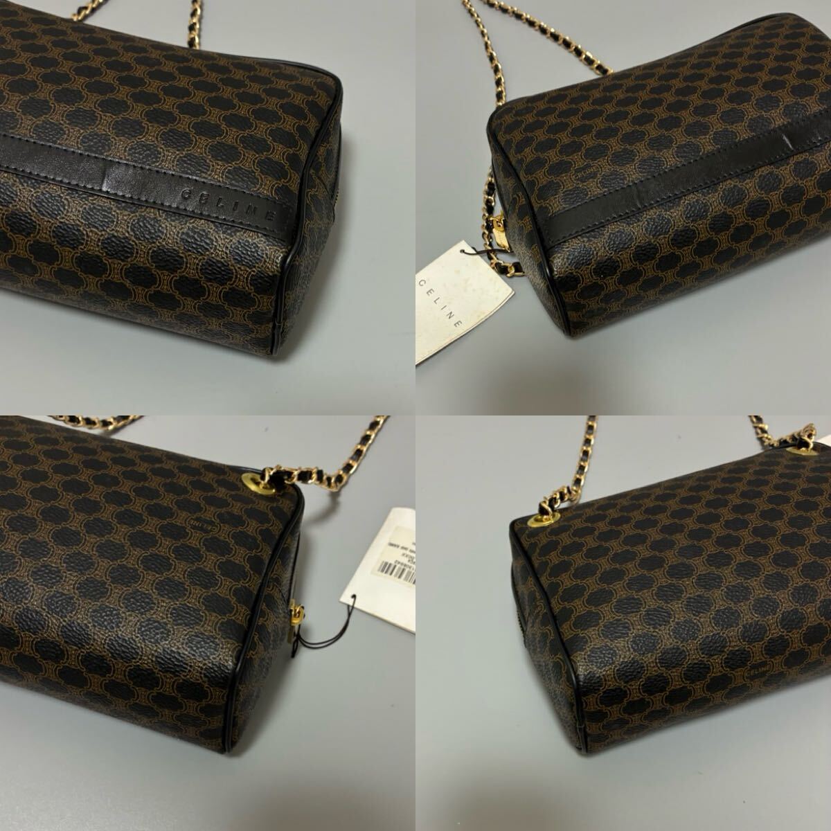 1円 CELINE セリーヌ マカダム柄 PVC×レザー ショルダーバッグ クロスボディ チェーンレディース ブラック系 金具　ゴールド 正規(guī)品本物