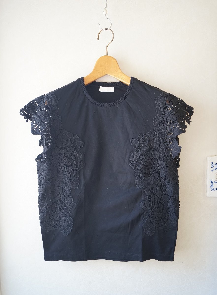 ★送料無料! トゥモローランド BALLSEY*エンブロイダリーレースコンビフレンチスリーブプルオーバー 黒 /定\17,600*古著のgplus広島 2506t2