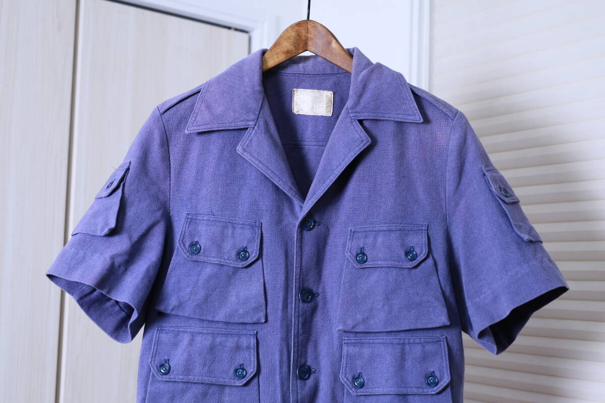 ★ヴィンテージ R.E.Bentley 復數(shù)ポケット付き半袖ワークシャツ　　古著ユーズド男性メンズ服中古SM青ブルーコットンキャンバス海外國