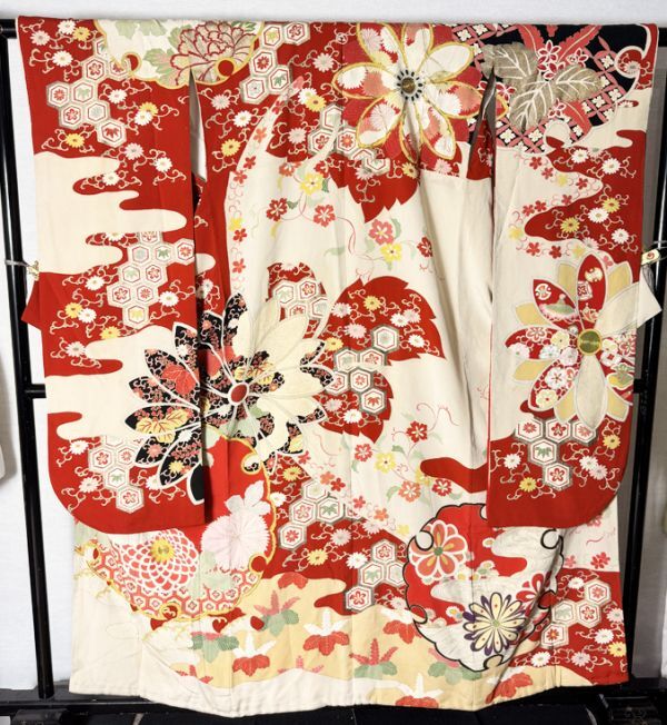 専用! アンティーク着物と帯 アンティーク振袖と袋帯セット 金駒刺繍 菊 ☆きものさらさ アンティーク着物帯☆振袖 モダン 雪輪 菊 刺繍