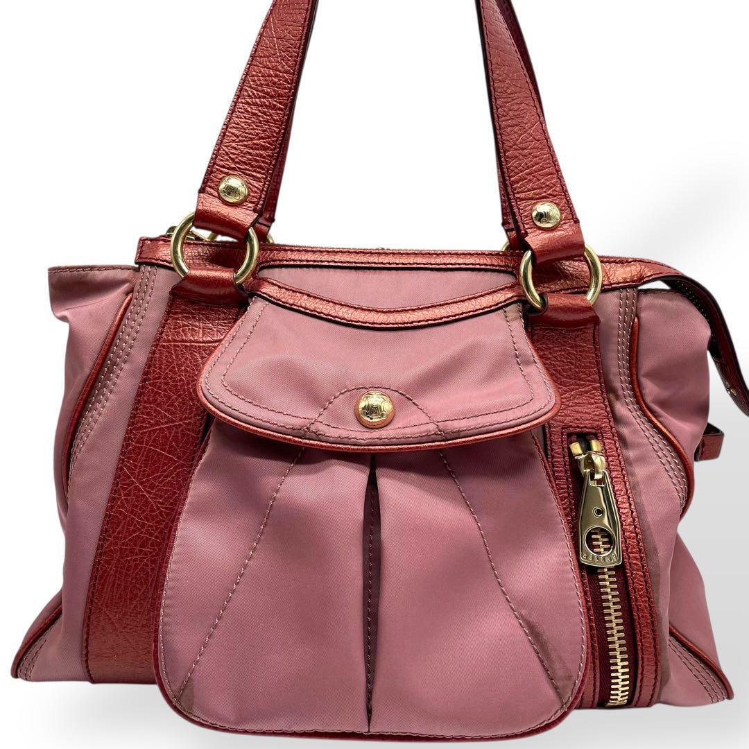 良品 セリーヌ CELINE ブギー ハンドバッグ ピンク ナイロン レザー 良品 セリーヌ CELINE ブギー ハンドバッグ ピンク ナイロン