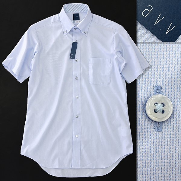 新品 a.v.v アーヴェヴェオム 形態(tài)安定 COOL DRY 半袖 BD ドレスシャツ M(39) 青 【I44140】 春夏 メンズ ボタンダウン ドビー サックス