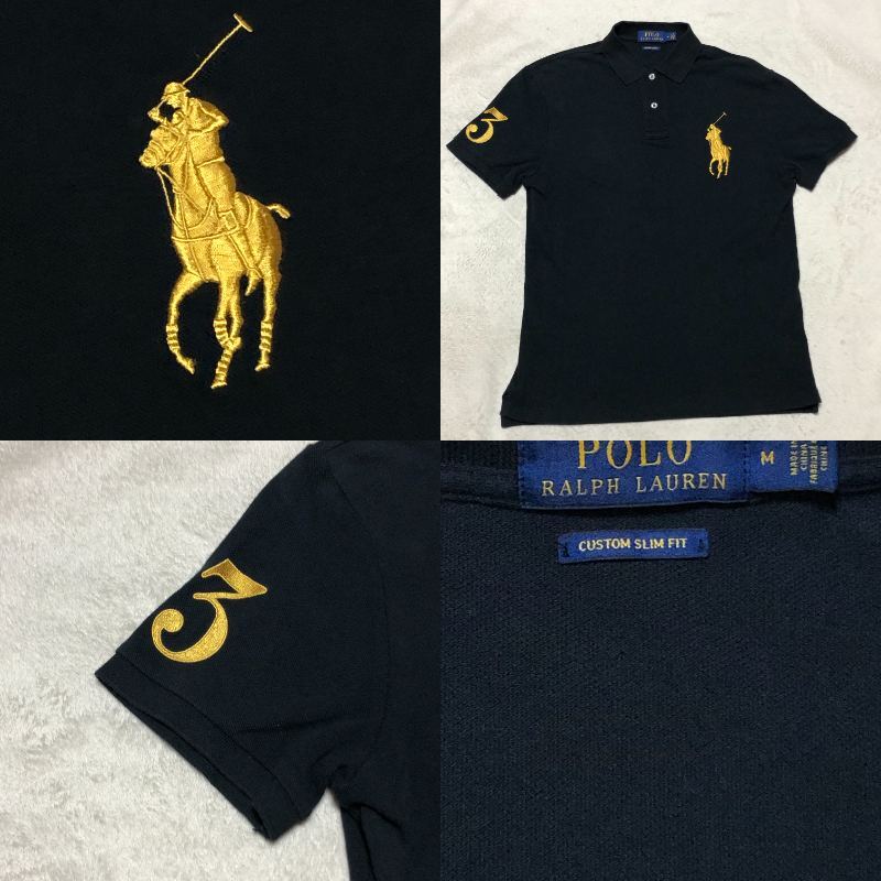 POLO RALPH LAUREN ポロ ラルフローレン 近年タグ 半袖ポロシャツ 鹿の子 カスタムスリムフィット ゴールドビッグポニー刺 黒 Mサイズ