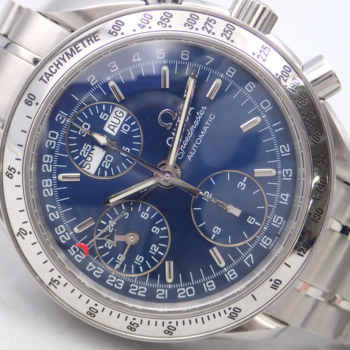 お04098/OMEGA オメガ/スピードマスター/自動巻/メンズ腕時計/トリプルカレンダー/クロノグラフ/スモセコ/文字盤 ブルー/3523.80