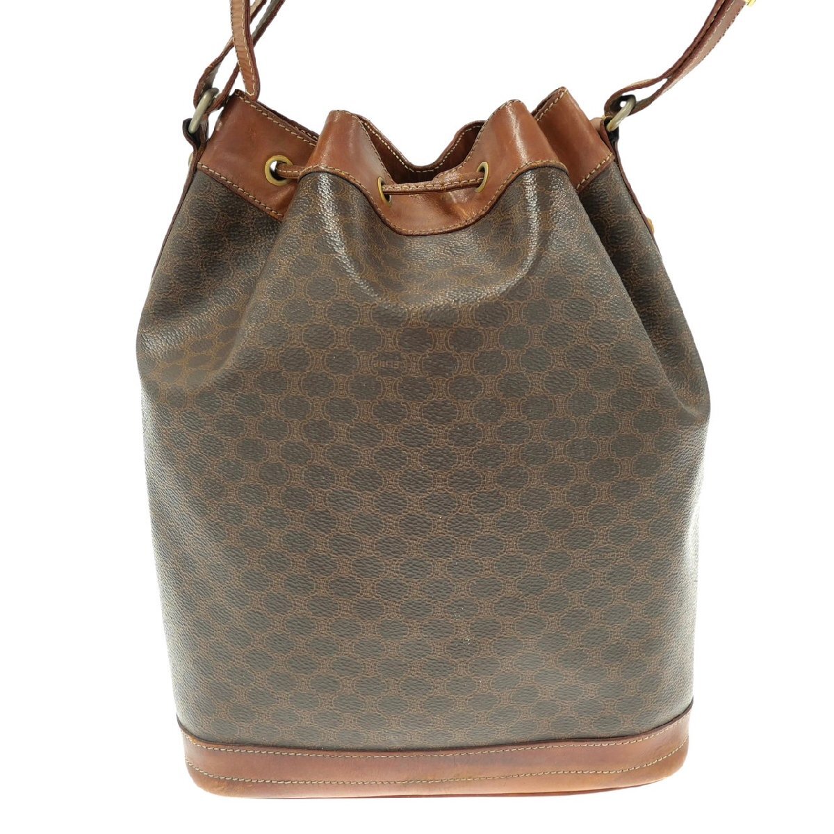 1円スタート CELINE セリーヌ マカダム柄 巾著型 ショルダーバッグ ゴールド金具 ロゴ 肩掛け 斜め掛け PVC レザー ブラウン レディース