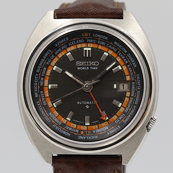 デッドストック級 稼働 良品 セイコー ワールドタイム 6117-6400 黒 デイト GMT AT ヴィンテージ メンズ腕時計 NSY13995ABC 0675400 10ANT