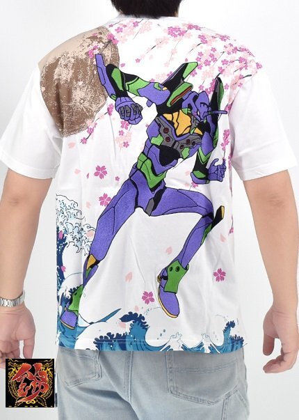 EVANGELION×錦 荒波桜初号機半袖Tシャツ◆錦 ホワイト Lサイズ 585350 和柄 和風 刺繍 新世紀 エヴァンゲリオン