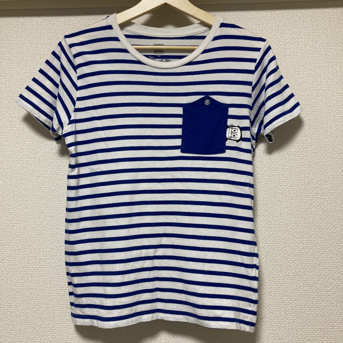 送料無料★DesignTshirtStoregraniphグラニフ★忍者ハットリくんコラボ刺繍ボーダー半袖Tシャツ/SSサイズ青白ブルーホワイト★キャラクター