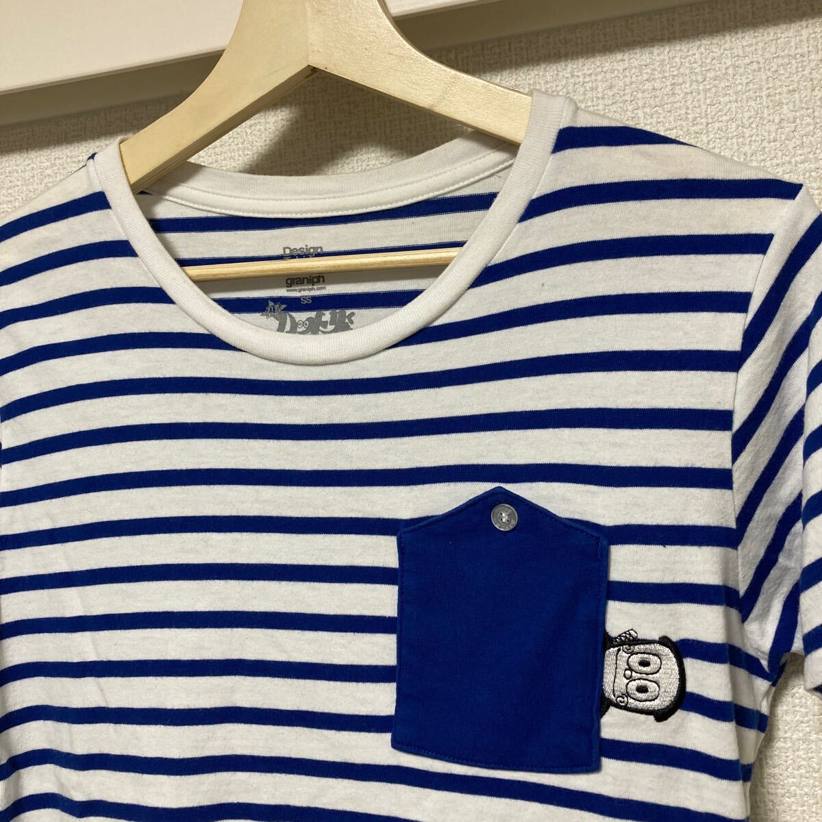 送料無料★DesignTshirtStoregraniphグラニフ★忍者ハットリくんコラボ刺繍ボーダー半袖Tシャツ/SSサイズ青白ブルーホワイト★キャラクター