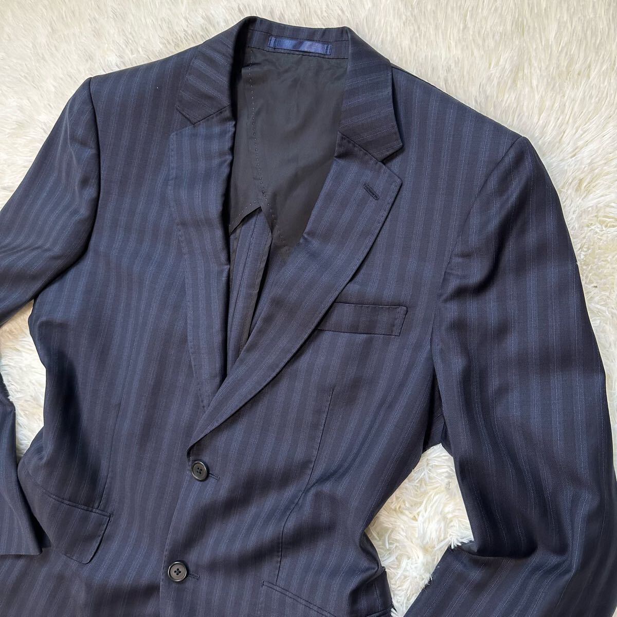 1円? Paul Smith×DORMEUIL AMADEUS ポールスミス 高級生地ドーメル ネイビー テーラードジャケット L ストライプ 花柄里地 人気 ブレザー