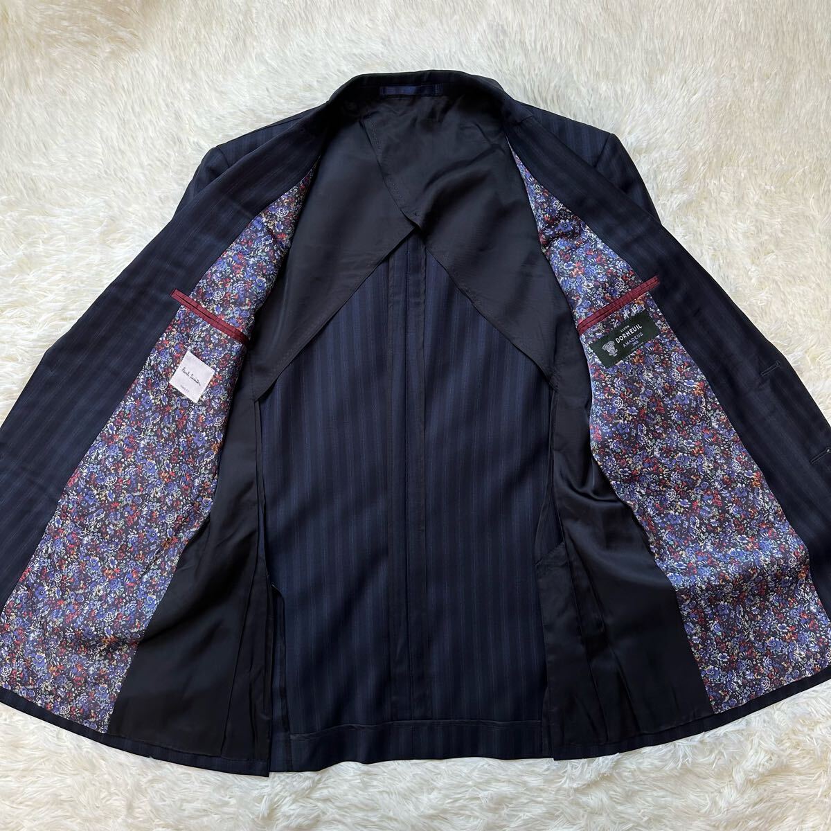 1円? Paul Smith×DORMEUIL AMADEUS ポールスミス 高級生地ドーメル ネイビー テーラードジャケット L ストライプ 花柄里地 人気 ブレザー