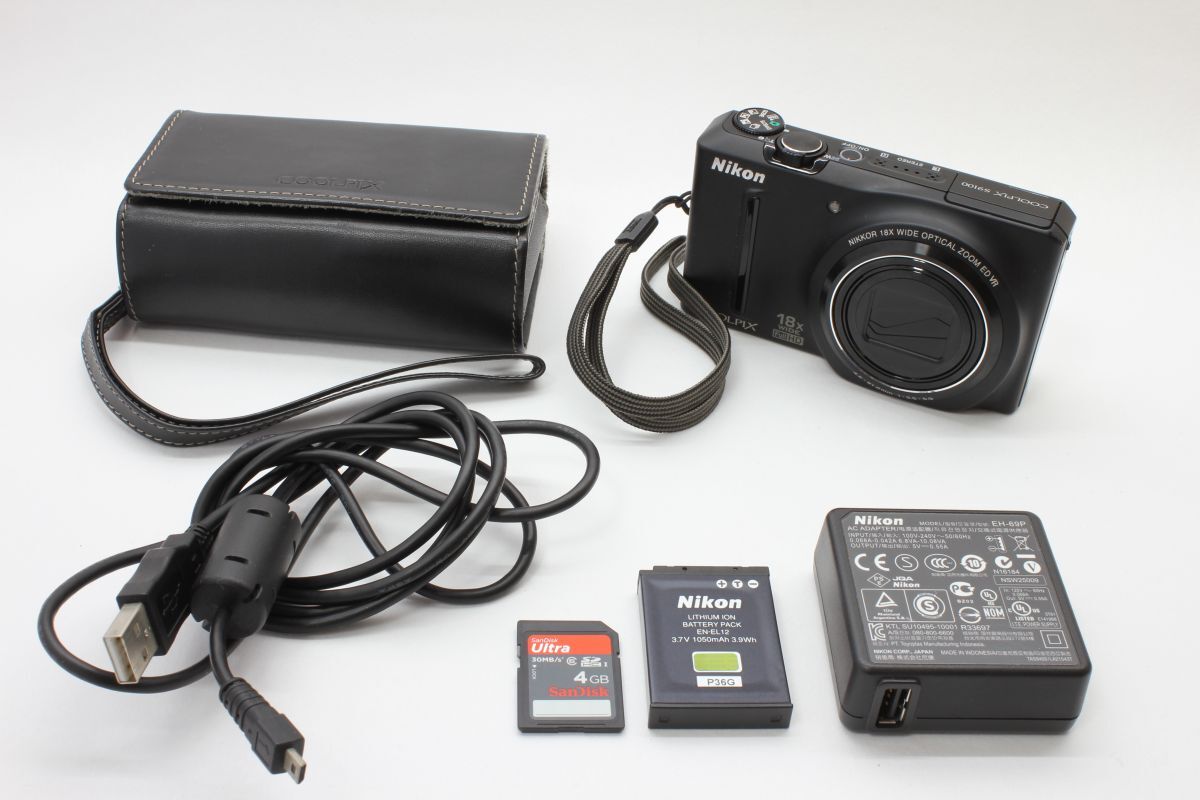 1円出品！【動(dòng)作美品】ニコン Nikon COOLPIX S9100 ブラック 動(dòng)作確認(rèn)済 バッテリー
