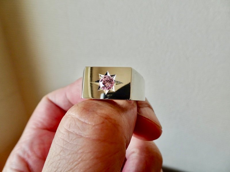 仁尾彫金『一つ星５mmピンクジルコニア印臺(tái)リング、磨き』ハンドメイド390b