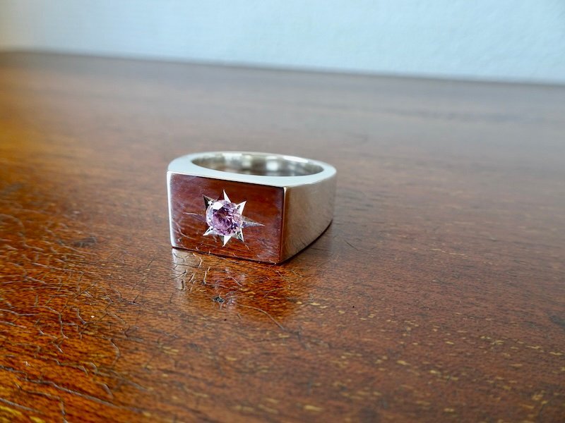 仁尾彫金『一つ星５mmピンクジルコニア印臺(tái)リング、磨き』ハンドメイド390b