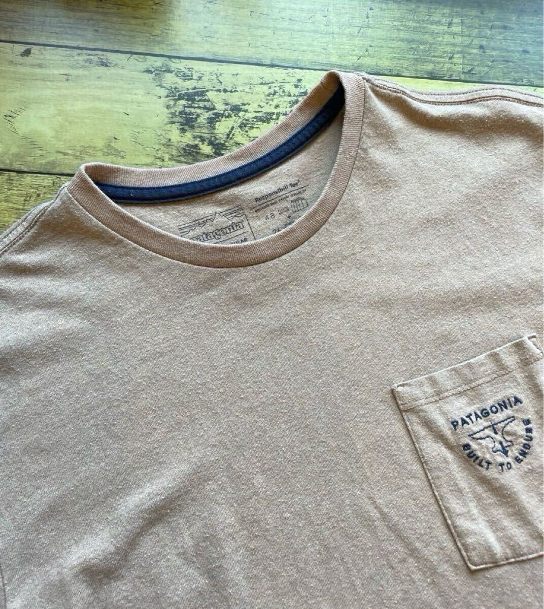 ［美品］Patagonia パタゴニア 刺繍ロゴ ポケットTシャツ Mサイズ ベージュ レスポンシビリティー リサイクルコットン 