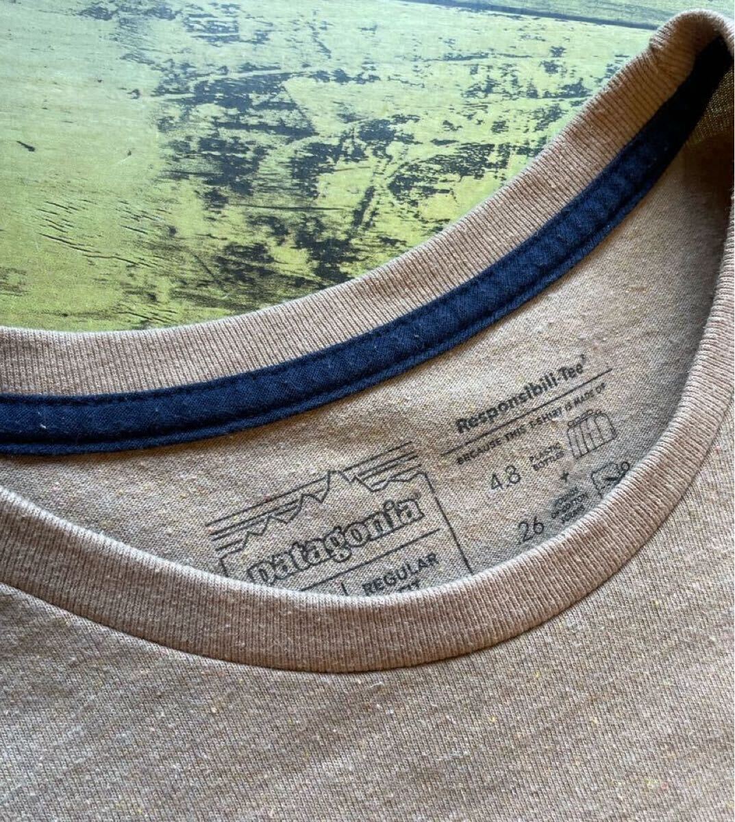 ［美品］Patagonia パタゴニア 刺繍ロゴ ポケットTシャツ Mサイズ ベージュ レスポンシビリティー リサイクルコットン 