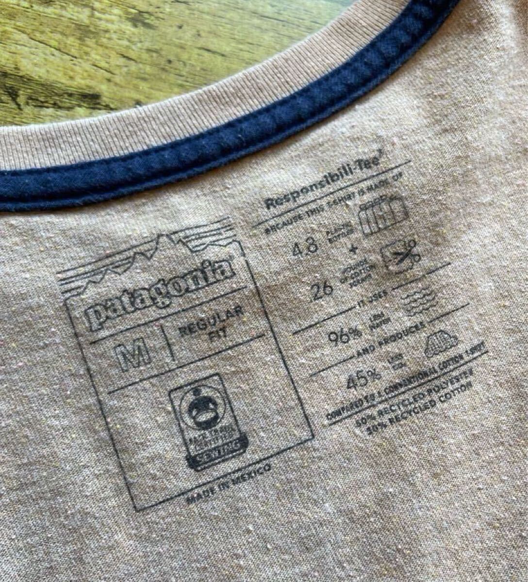 ［美品］Patagonia パタゴニア 刺繍ロゴ ポケットTシャツ Mサイズ ベージュ レスポンシビリティー リサイクルコットン 