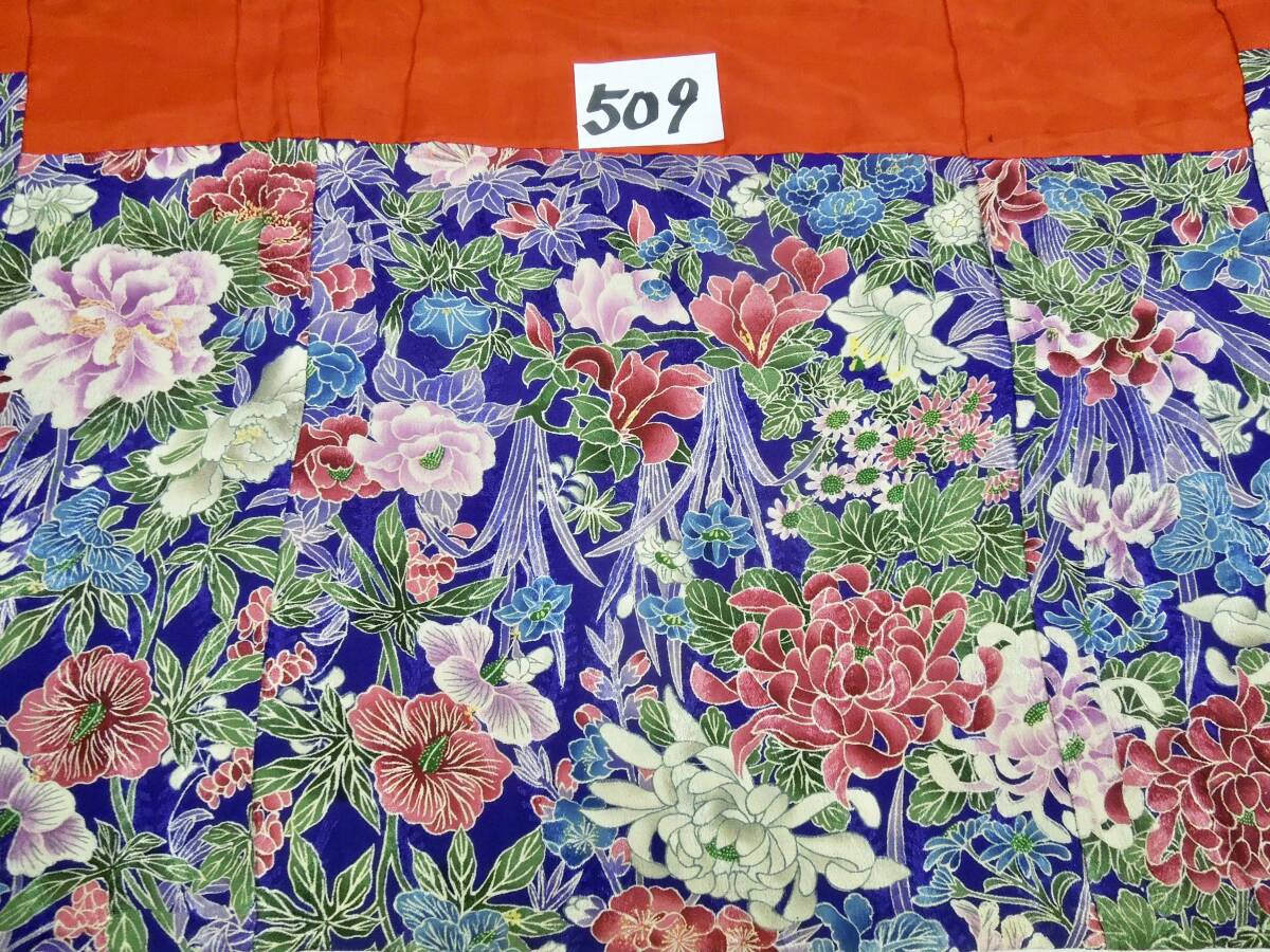 絹織物　古裂　古布　No509　美品　時(shí)代物　縮緬　袖無し著物　花盡くしの図　八掛も縮緬　アンティーク　リメイク　パッチワーク　　　