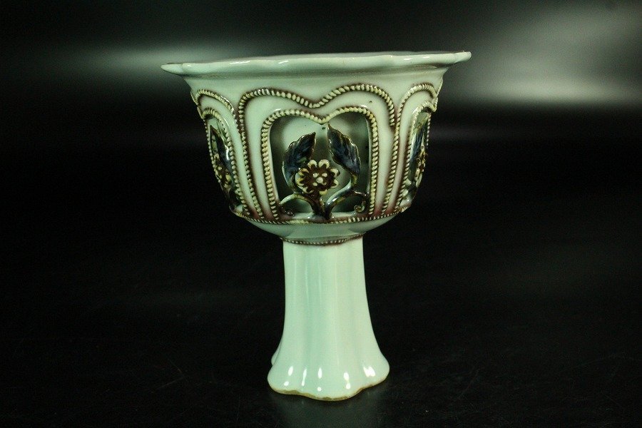 金閣】中国美術 貼枝花 高碗 旧家蔵出 送料無料(A728)