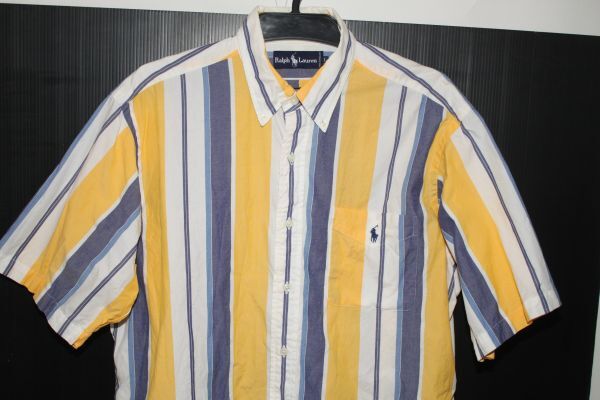 3782■L-XL：ラルフ、白系、半袖ボタンダウンシャツ、良品