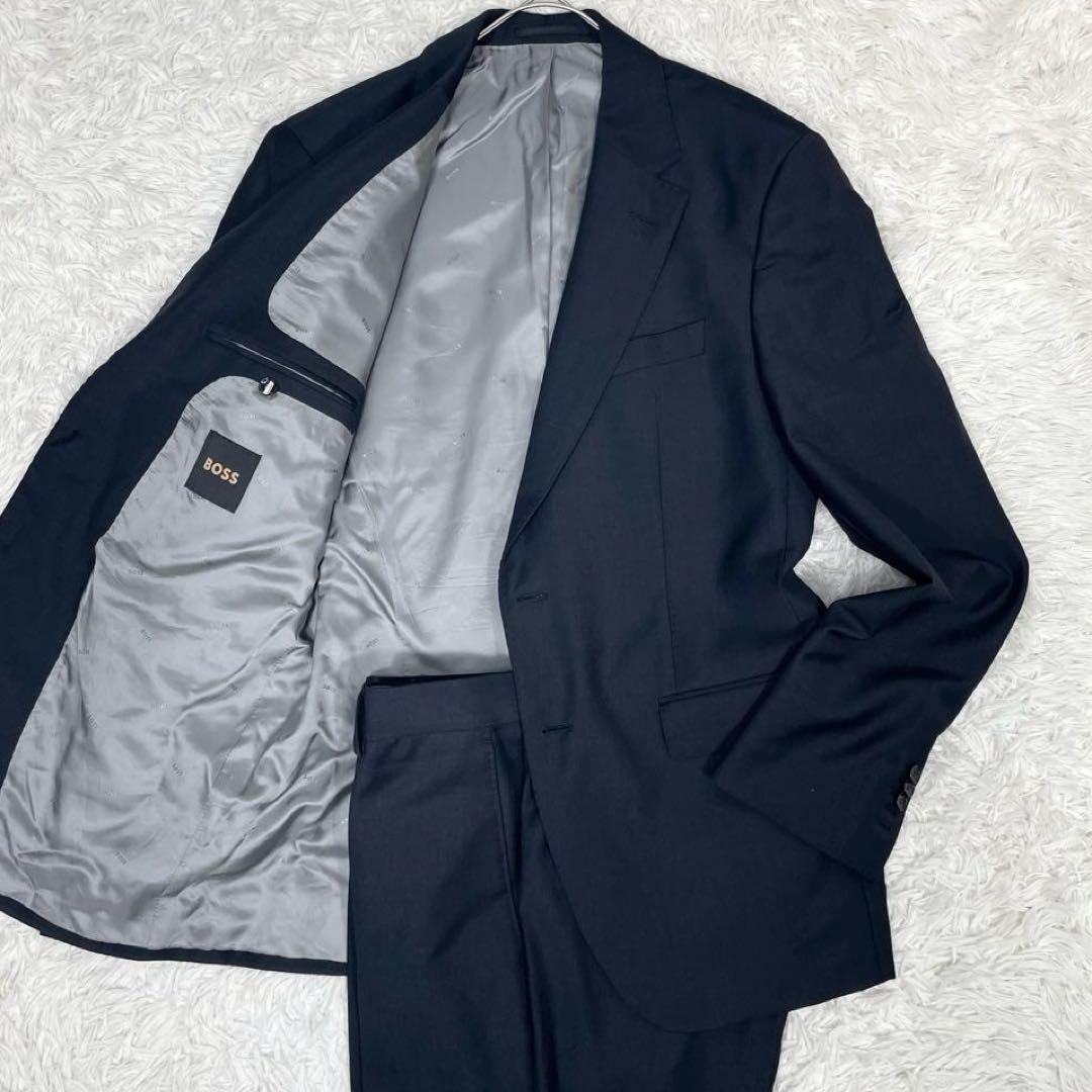 【極美品 現(xiàn)行タグ XXL】HUGO BOSS ヒューゴボス スーツ セットアップ ストレッチ 里地ロゴ総柄 グレー ビジネス テーラードジャケット 52
