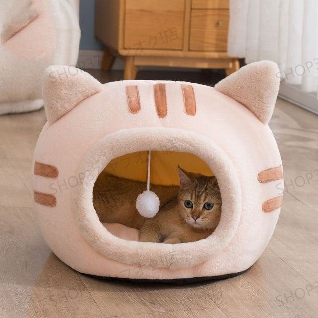 貓 犬 ベッド ふわふわ　暖か もこもこ　キャット　ペット用品 ペットハウス　滑り止め　クッション　柔らかい　秋冬　ピンク Sサイズ