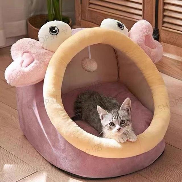 貓 犬 ベッド ふわふわ　暖か もこもこ　キャット　蟹形 ペットハウス　滑り止め　クッション　柔らかい　秋冬 ピンク M サイズ