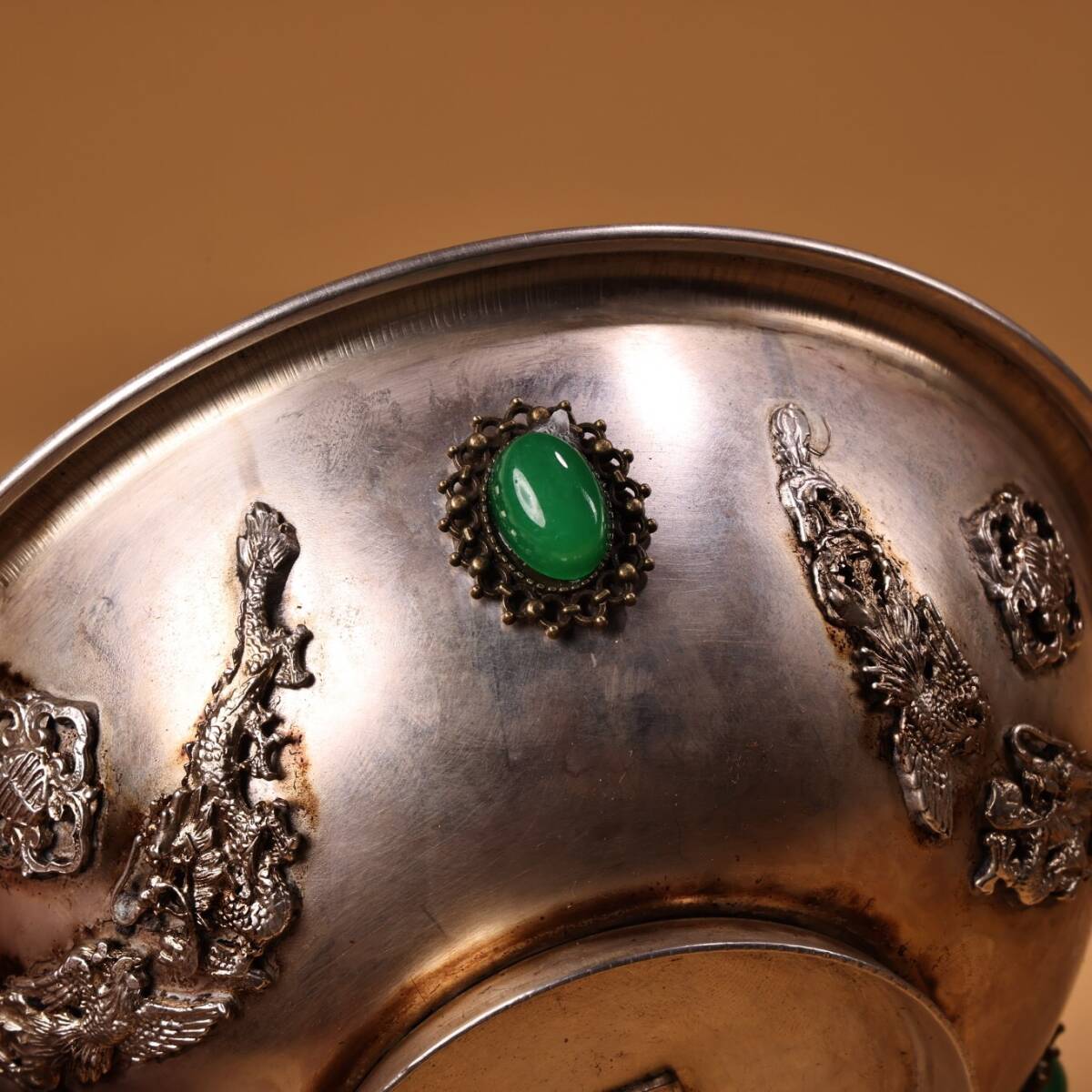 仁】『銅製・銀鍍・寶石嵌・龍鳳碗一對・置物・賞物』極細工 古董