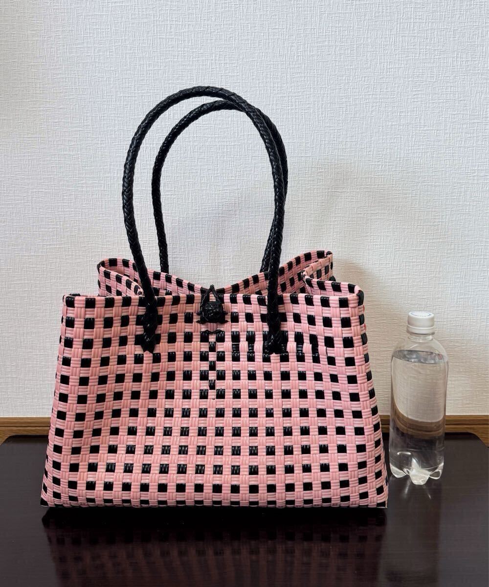 プラカゴ　メルカド　大容量　トートバッグ　ハンドメイド　パサールバッグ かごバッグ　XLサイズ　ベビーピンク×ブラッぬ?