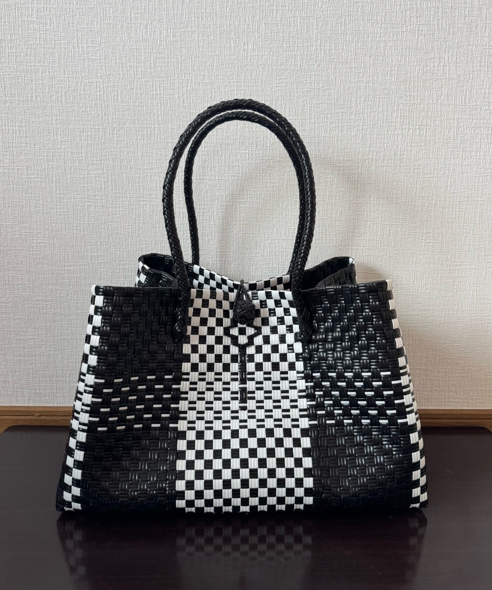 プラカゴ　メルカド　大容量　トートバッグ　ハンドメイド　パサールバッグ かごバッグ　XLサイズ ブラック×ホワイト