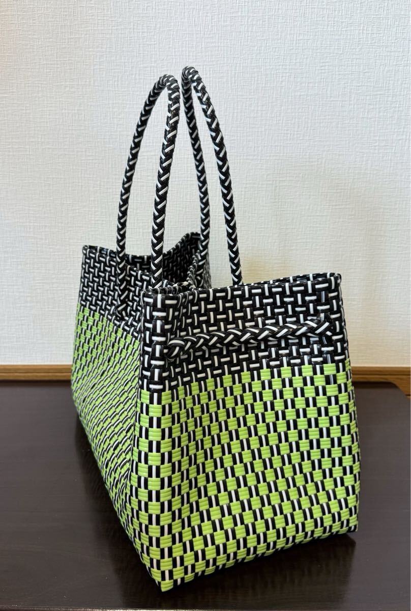 プラカゴ　メルカド　大容量　トートバッグ　ハンドメイド　パサールバッグ かごバッグ　XLサイズ　ブラック×キミドリ