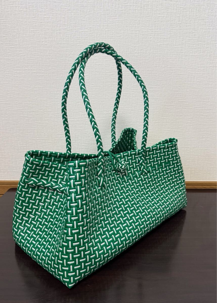 プラカゴ　橫長(zhǎng)　舟型　 トートバッグ ハンドメイド メルカド　パサールバッグ かごバッグ　グリーン