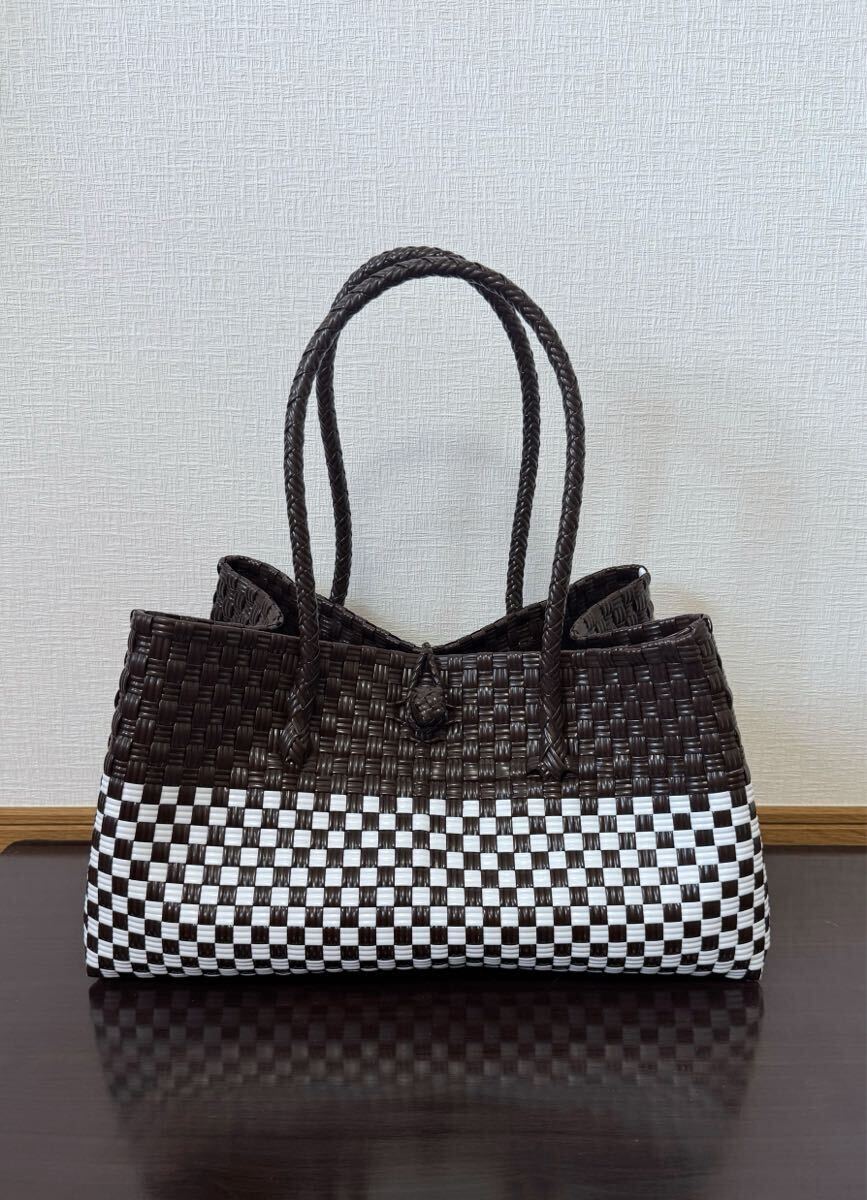 プラカゴ　橫長　舟型　 トートバッグ ハンドメイド メルカド　パサールバッグ かごバッグ　ダークブラウン×ホワイト