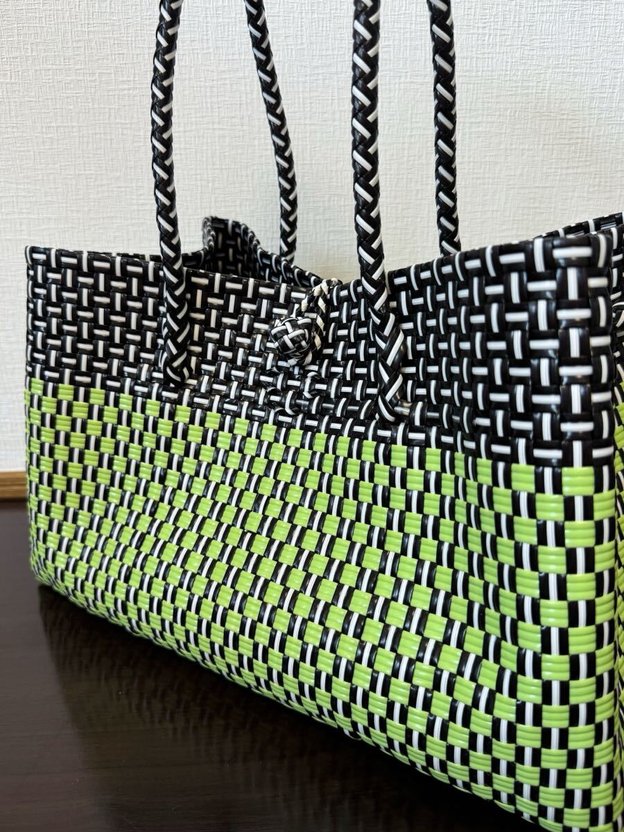 プラカゴ　メルカド　大容量　トートバッグ　ハンドメイド　パサールバッグ かごバッグ　XLサイズ　ブラック×キミドリ