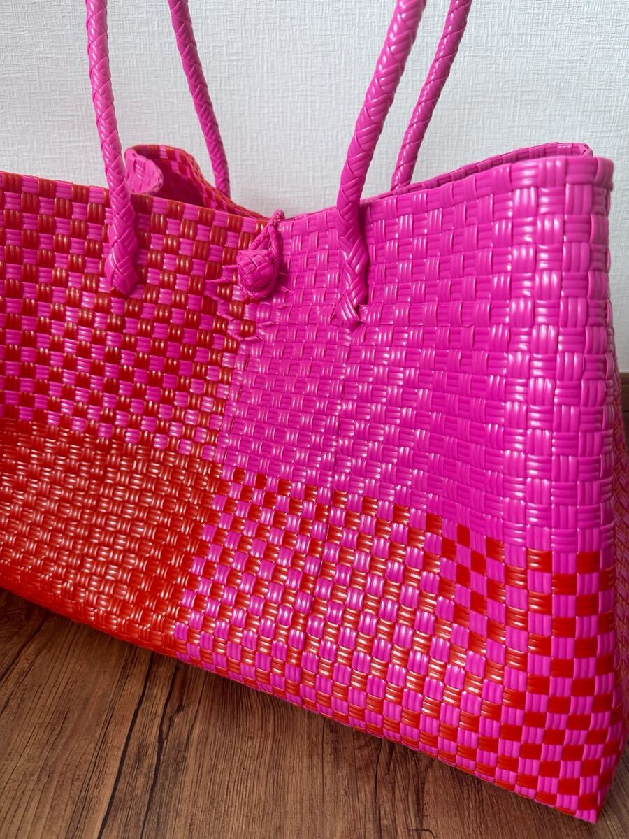 ジャンボSize！　特大　プラカゴ メルカド トートバッグ　大容量 ハンドメイド マルシェ　軽量 かごバッグ　パサール　マゼンタ×レッド