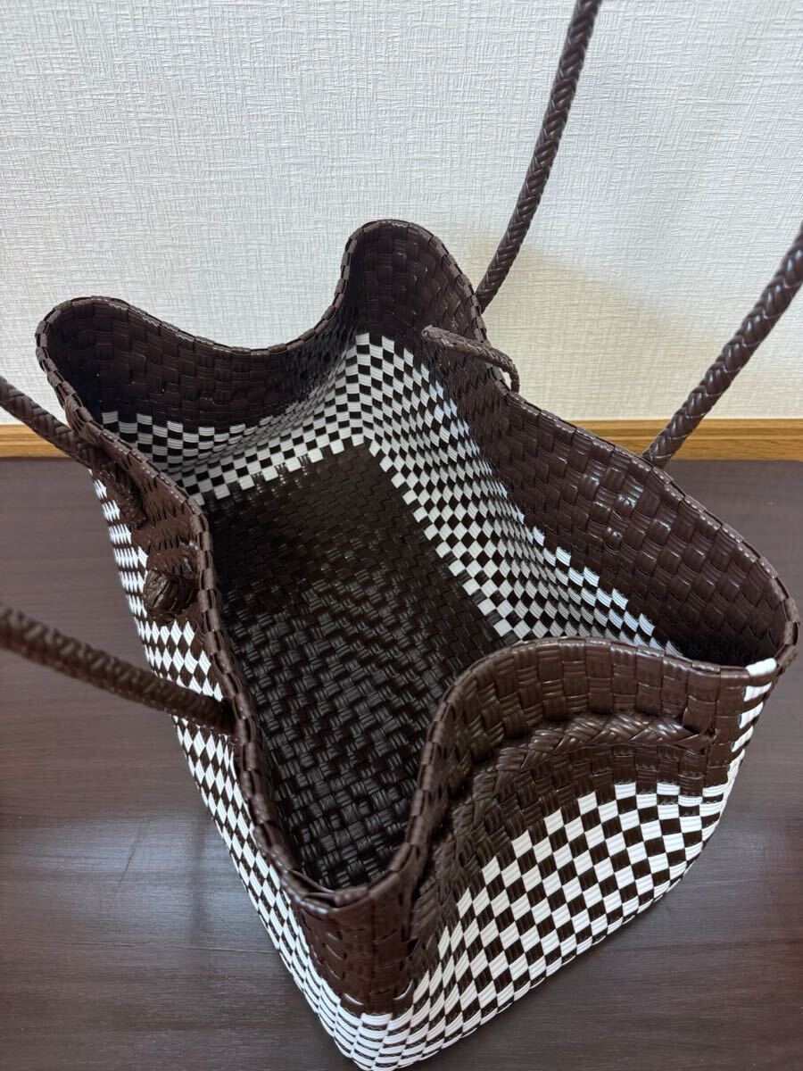 プラカゴ　橫長　舟型　 トートバッグ ハンドメイド メルカド　パサールバッグ かごバッグ　ダークブラウン×ホワイト