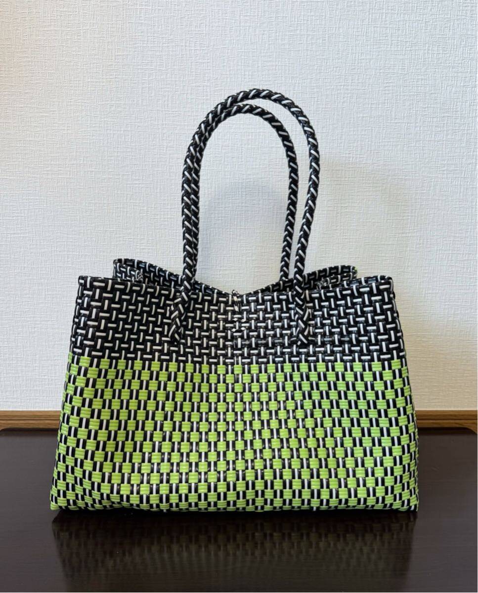 プラカゴ　メルカド　大容量　トートバッグ　ハンドメイド　パサールバッグ かごバッグ　XLサイズ　ブラック×キミドリ