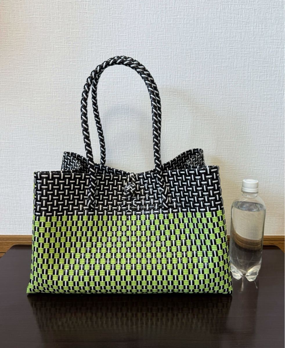 プラカゴ　メルカド　大容量　トートバッグ　ハンドメイド　パサールバッグ かごバッグ　XLサイズ　ブラック×キミドリ