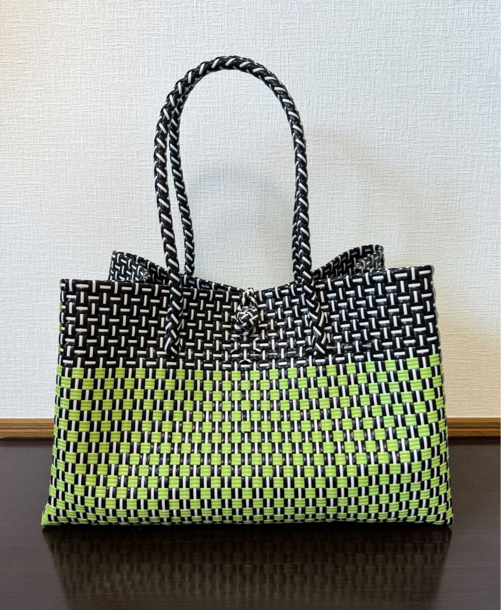 プラカゴ　メルカド　大容量　トートバッグ　ハンドメイド　パサールバッグ かごバッグ　XLサイズ　ブラック×キミドリ